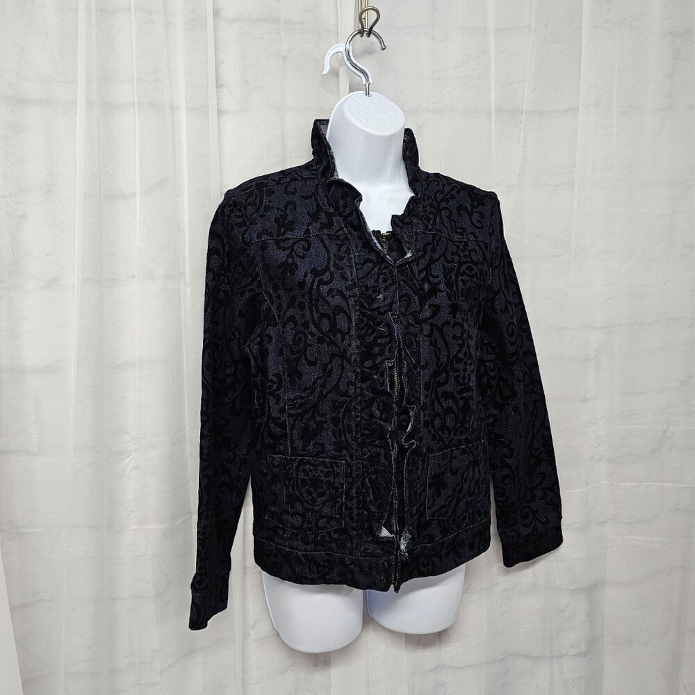Tantrums Blue Black Velour Flocked Denim Jacket Zip Ruffle Boho M - Picture 6 of 14